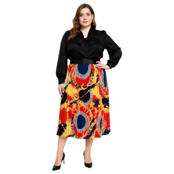 Plus Pleated Versace Inspired Floral Printed Long High Waist Colored Skirt 2X - Picture 1 of 5